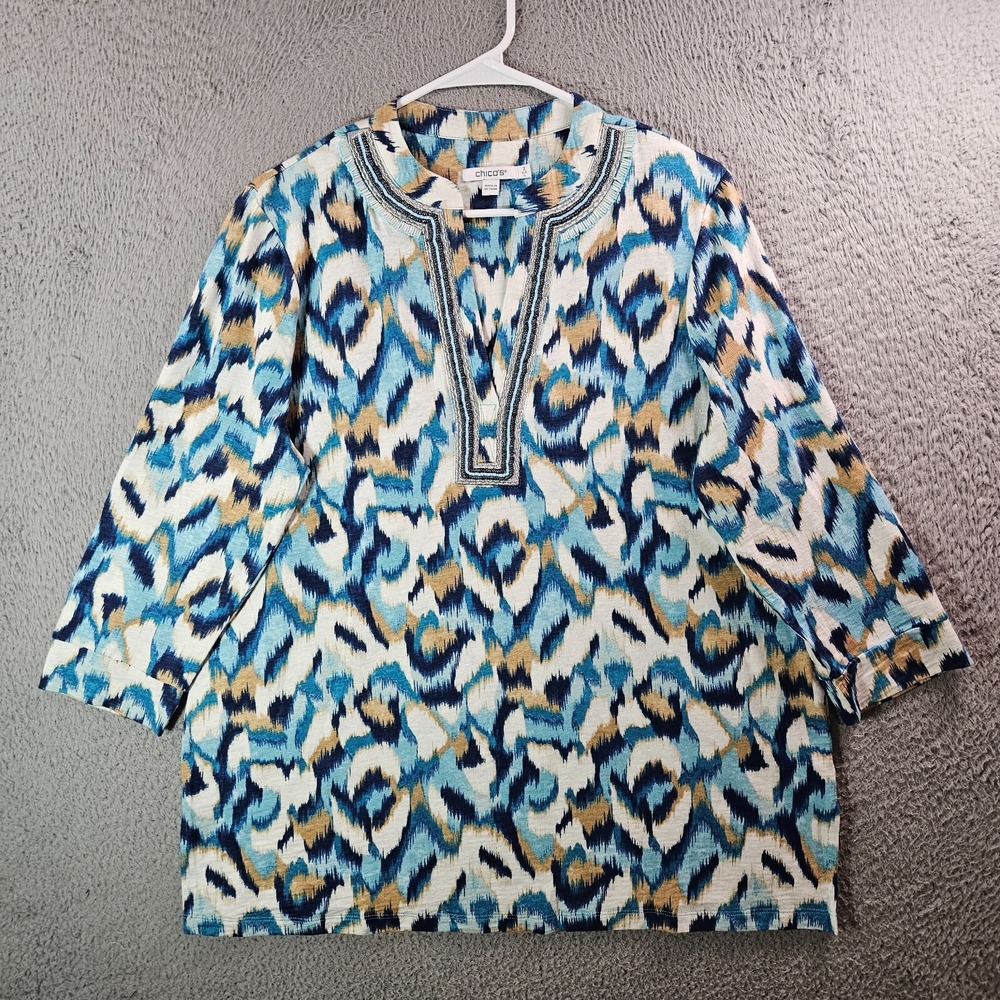 Chico's Top Blouse Women Size 2 Large Bead Embellished Geometric Teal Blue White